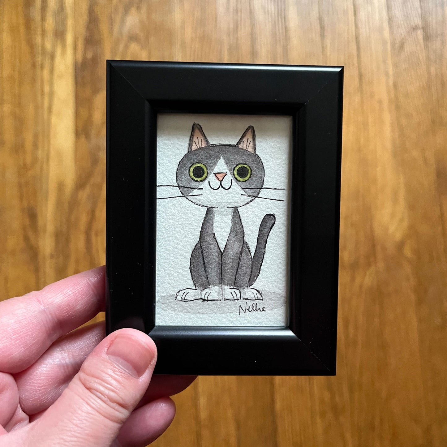 Grey Tuxedo Cat 3 - Framed Tiny Painting