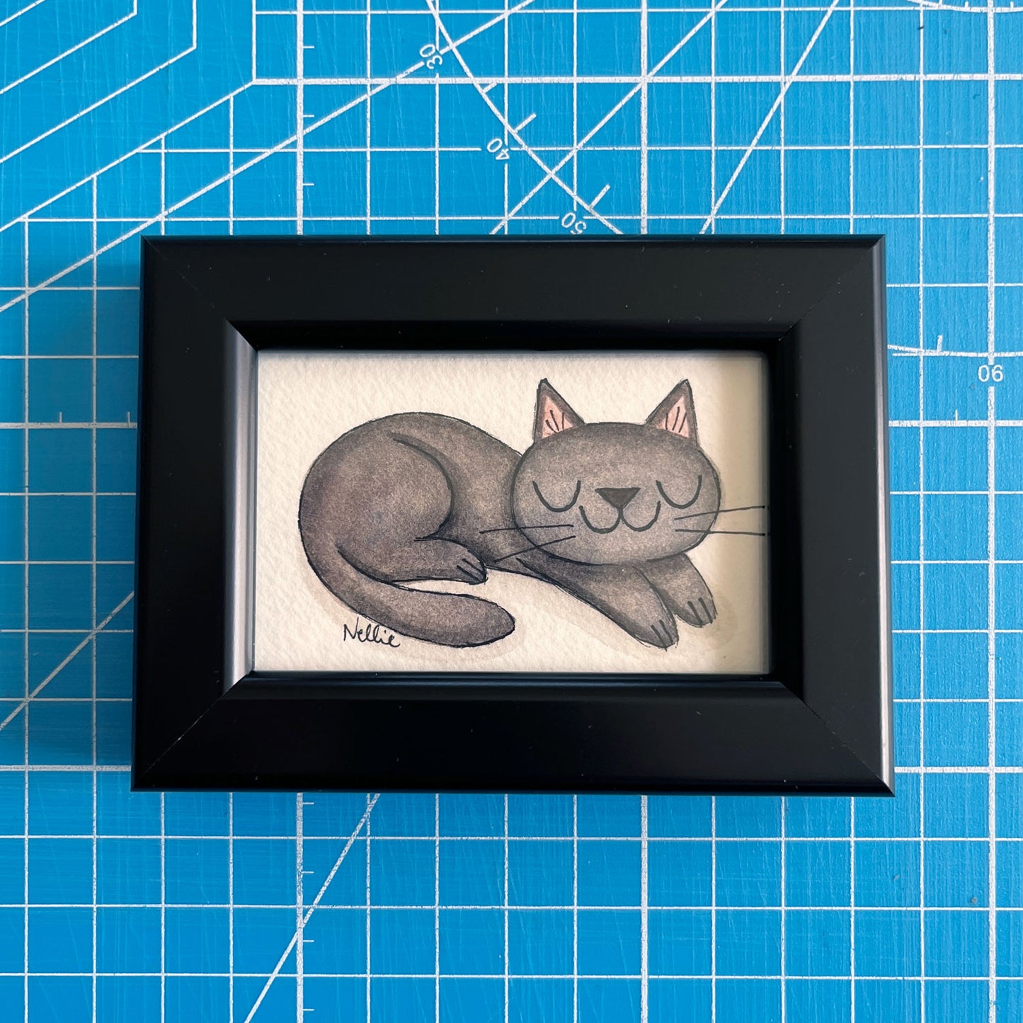 Sleepy Grey Cat - Framed Tiny Painting