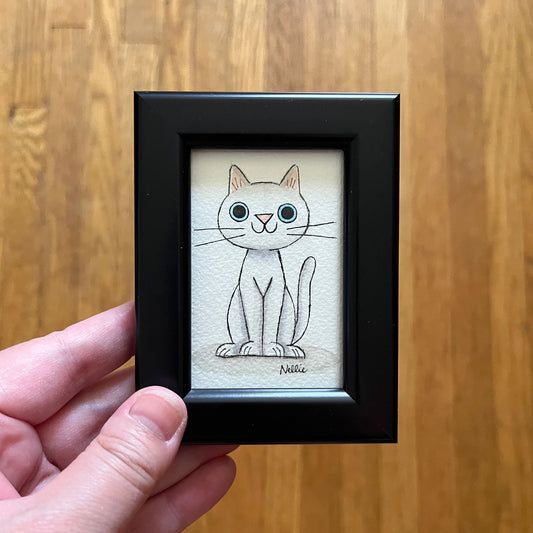 White Cat 3 - Framed Tiny Painting