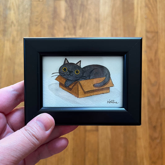 Black Cat in a Box - Framed Tiny Painting