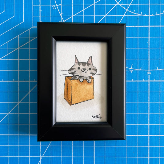 Grey Tabby in a Bag - Framed Tiny Painting
