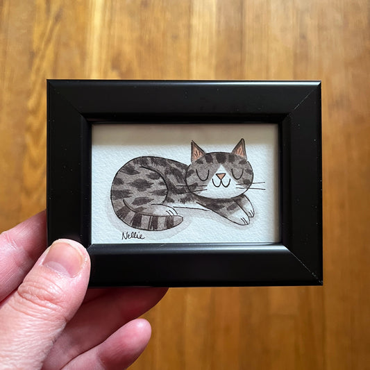 Grey Tabby Cat - Framed Tiny Painting