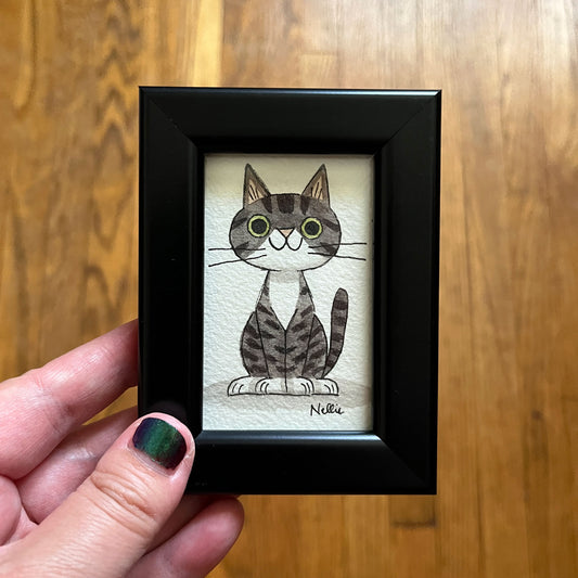 Grey Tabby with White Socks - Framed Tiny Painting