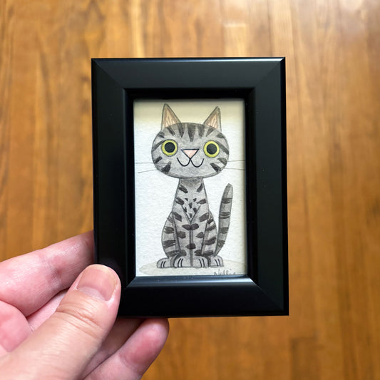Grey Tabby Cat 9 - Framed Tiny Painting