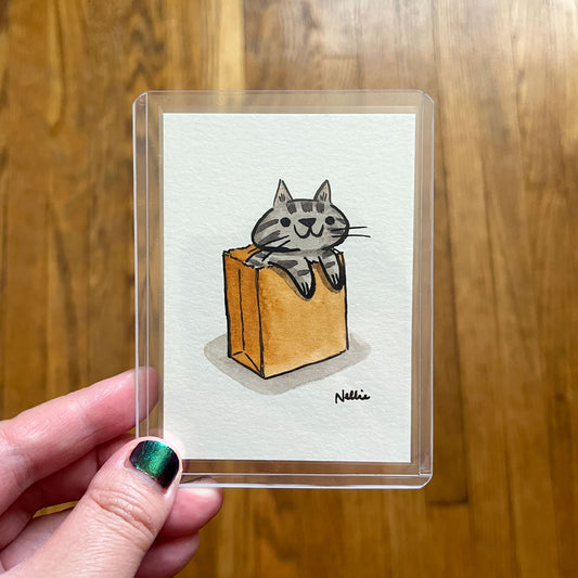 Grey Tabby Cat in a Bag - Sketch Card