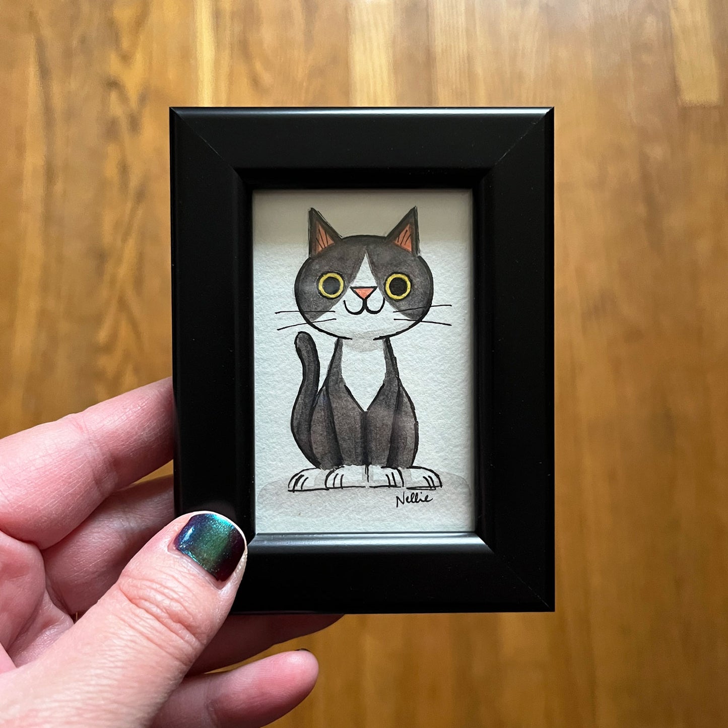 Grey Tuxedo Cat - Framed Tiny Painting