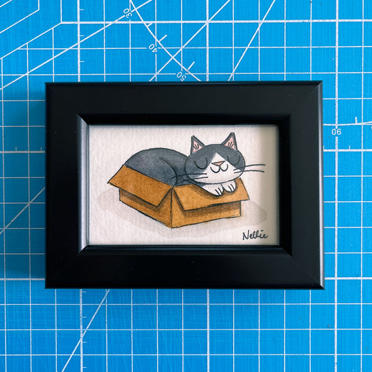Grey Tuxedo Cat in a Box - Framed Tiny Painting