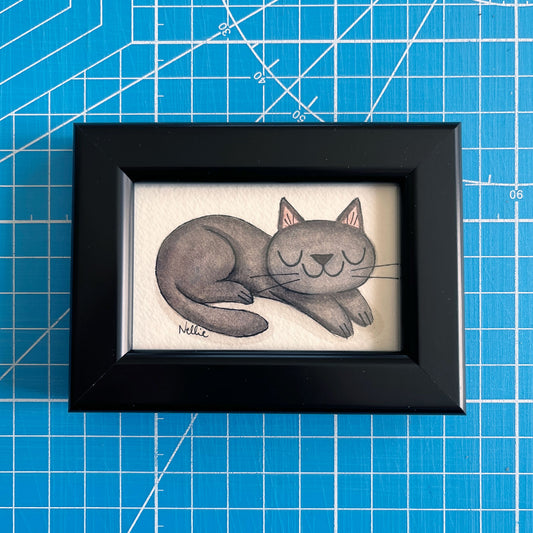 Sleepy Grey Cat - Framed Tiny Painting