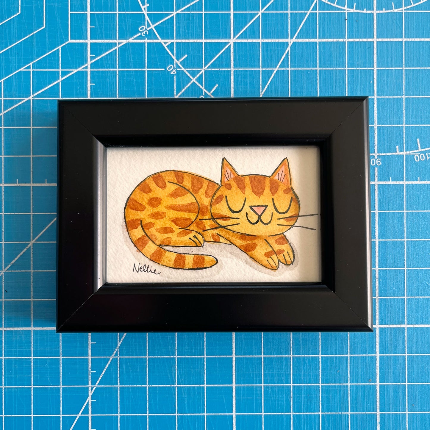 Sleepy Orange Tabby Cat - Framed Tiny Painting