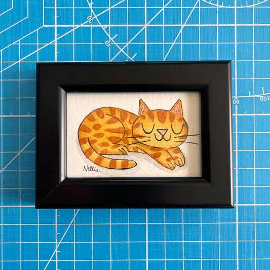 Sleepy Orange Tabby Cat - Framed Tiny Painting