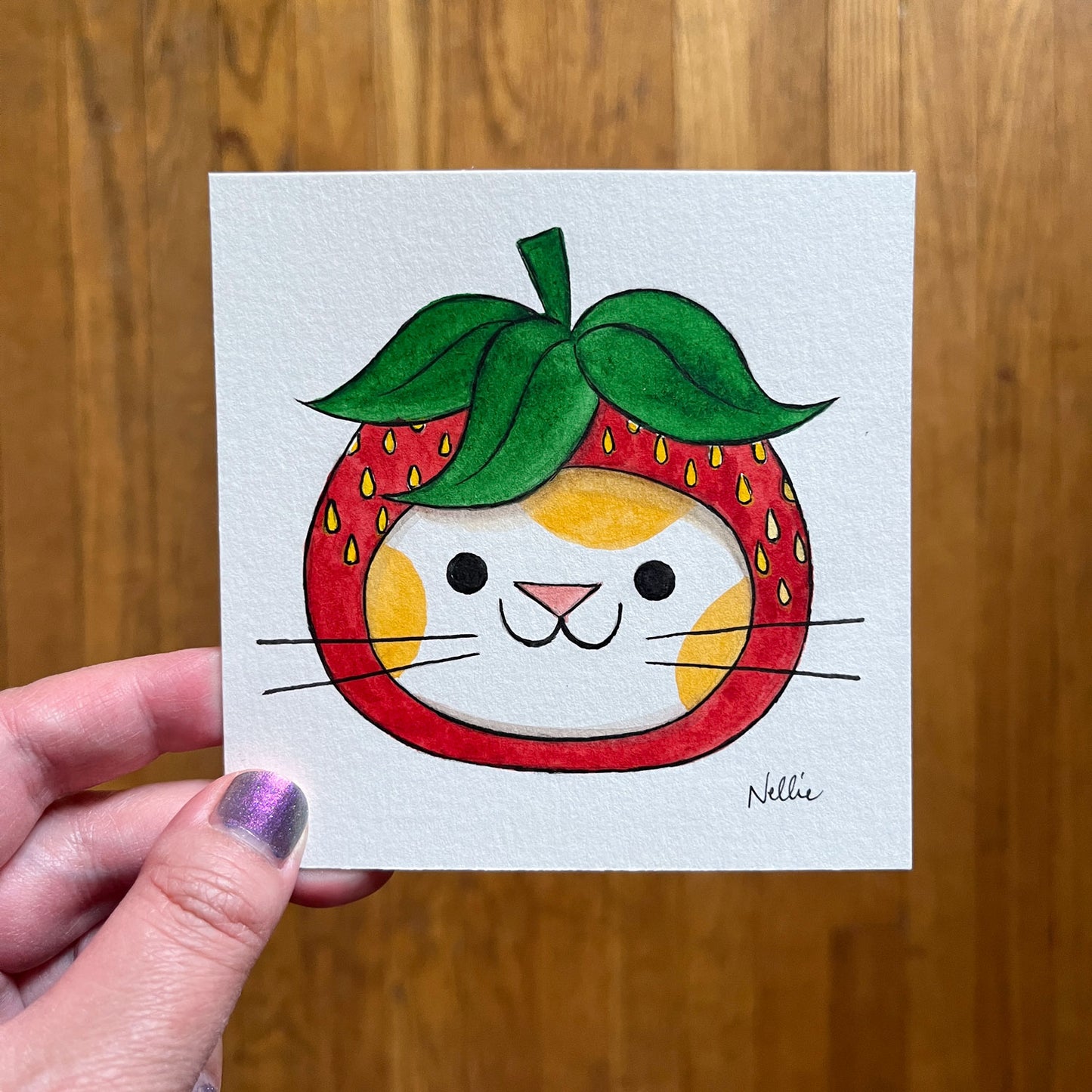 Strawberry Cat Doodle - Mini Painting