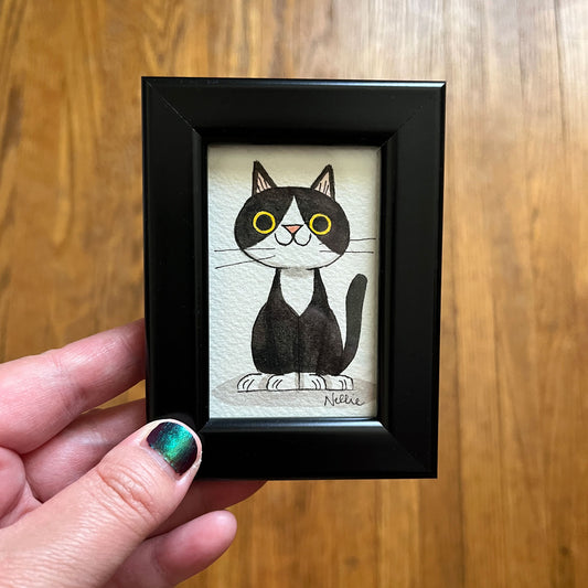 Black Tuxedo Cat 10 - Framed Tiny Painting