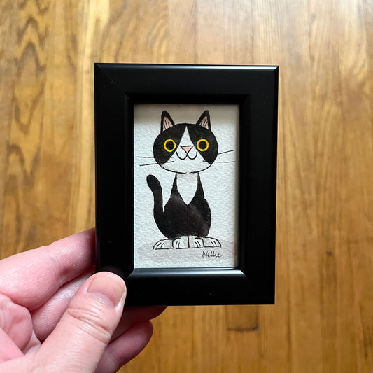 Black Tuxedo Cat 7 - Framed Tiny Painting