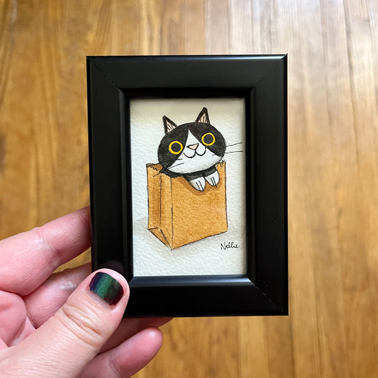 Tuxedo Cat in Bag - Framed Tiny Painting