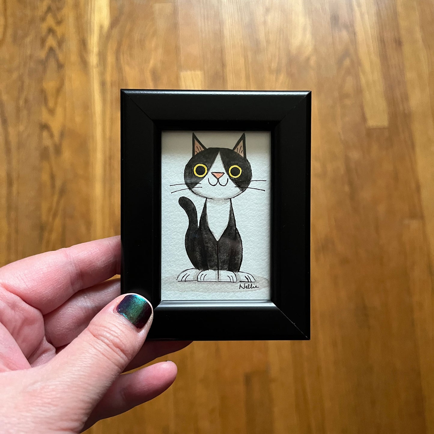 Black Tuxedo Cat - Framed Tiny Painting