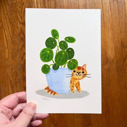 Cat and Pilea Peperomioides - Mini Painting