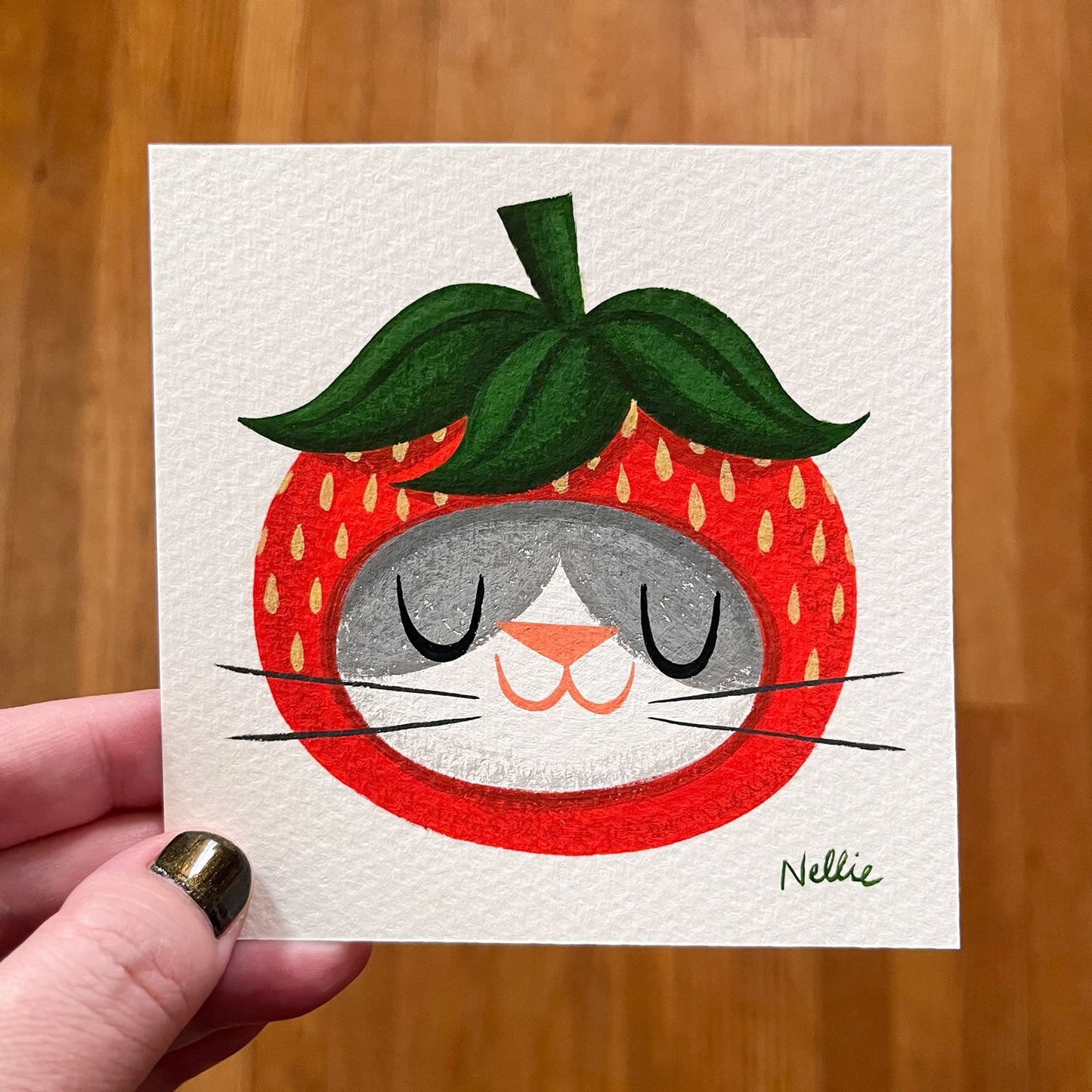 Strawberry Cat (Grey & White) - Mini Painting
